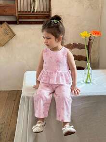 LMoss Kids Bộ đồ cho bé gái gồm áo sơ mi dệt kẻ caro viền bèo nhún và quần ống rộng dệt kim. - Nhiều màu - Xem 1