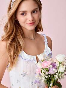Bonmuse Romantic-Flora Semi-Sheer Floral Short Romper In Jacquard With Ruffled Trim And Charming Bow Accents  Cozy And Elegant Detailsfor Summer - White - View 5