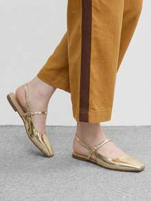CUCCOO BIZCHIC Women Shoes Small Square Toe Flat Bottom Gold Mirror Women's Low Vamp Flat Bottom Slingback Shoes Light, Comfortable And Simple Commuting Daily Versatile Women's Flat Sole Shoes - Iron plate light gold - View 3