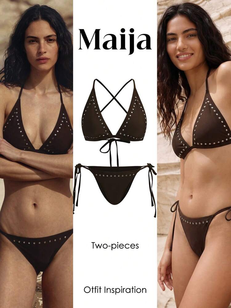 SHEIN Maija Women's Solid Color Rivet Decor Backless Bikini Set,Vacation Outfits Women,Summer Holiday Outfits ,Beach Vacation Outfits For Women Sexy Beach Vacation Outfits For Women