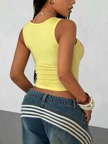 Maweii Plus Size Women's Sexy Summer Yellow U-Neck Letter & Number Print V-Neck Camisole Tank Top - Yellow - View 2