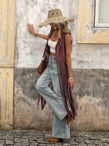 Brillora Áo vest dáng ngắn có chi tiết đinh tán và tua rua, thích hợp cho mùa Thu/Đông. - Màu đỏ tím - Xem 6