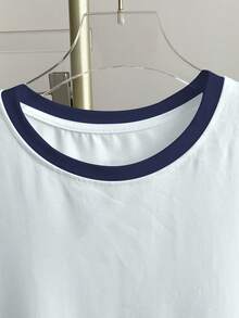 Camiseta de mujer de manga corta con cuello redondo y estampado de bloques de color y rayas - Blanco - Ver 3