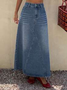 DAZY 女士高腰带口袋长款休闲牛仔裙 - 藍色 - 查看 3