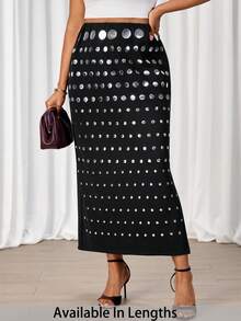 SHEIN Tall CURVE 加大码黑色简约日常半身裙，饰有圆形图案 - 黑色 - 查看 6
