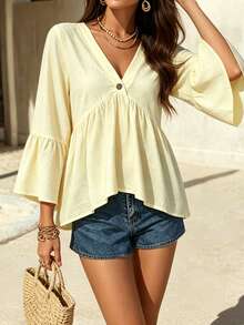 EMERY ROSE White V-Neck Ruffle Sleeve Women's Casual Shirt - Apricot - View 3