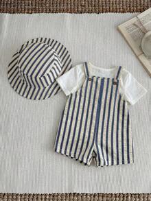 SHEIN Bộ quần yếm và mũ tai bèo kẻ sọc mùa hè cho bé trai/bé gái, trang phục thường ngày thoải mái ở nhà, đi chơi, đi biển. - Nhiều màu - Xem 2