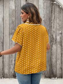 SHEIN Clasi Áo kiểu nữ cỡ lớn in chấm bi, cổ buộc dây, tay ngắn, viền bèo nhún. - Màu vàng - Xem 2