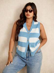Elaquor Plus Size Sleeveless Knitted Sweater Vest, Fashionable For Summer,Business Casual Woman In Fall/Winter - Blue - View 4