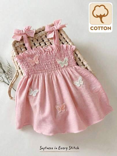 Cozy Pixies Đầm ngắn tay màu hồng cho bé gái, họa tiết bướm 3D, nơ và bèo nhún, kiểu dáng thường ngày, đa năng, thích hợp cho bé sơ sinh và trẻ nhỏ mặc trong ngày, phong cách nghỉ lễ mùa xuân/hè.