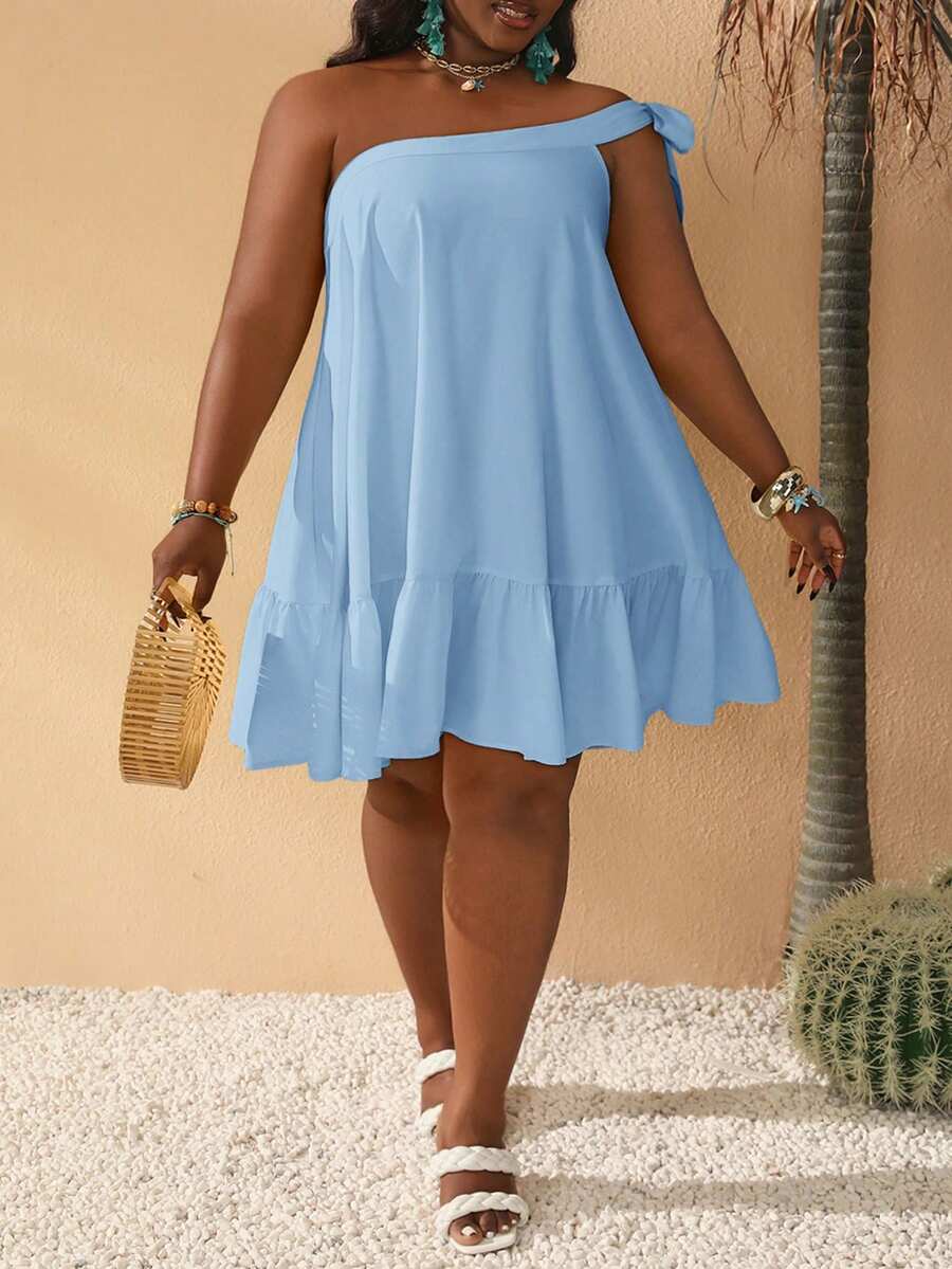 Slaydiva Plus Size Casual Asymmetric Hem Yellow Summer Dress - Baby Blue - View 1