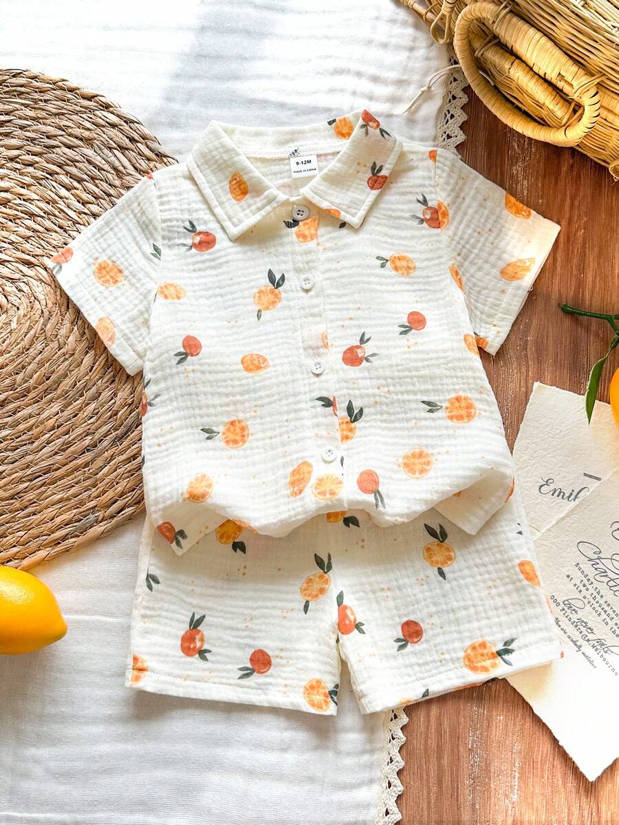 SHEIN Vintaside Kids Baby Boy Fruit Print Short Sleeve Shirt And Shorts Set - Apricot - View 1