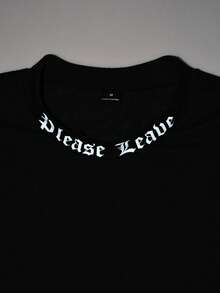 Manfinity CasualCool 男士修身高领短袖T恤，印有“请离开”字样，袖口采用单条纹设计 - 黑色 - 查看 6