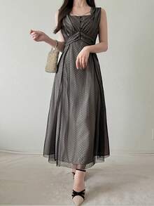 FRIFUL 女士夏季波点网纱拼接荷叶边腰部无袖连衣裙 - 黑色 - 查看 7