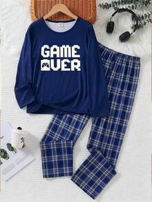 青少年男孩圆领长袖“Game Over”图案印花上衣和格子宽松长裤两件套睡衣套装，休闲针织面料，舒适 - 彩色 - 查看 3