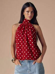 SHEIN BAE Áo croptop hở lưng cổ yếm chấm bi đen trắng gợi cảm, thích hợp cho các lễ hội âm nhạc, kỳ nghỉ. - Đỏ - Xem 7