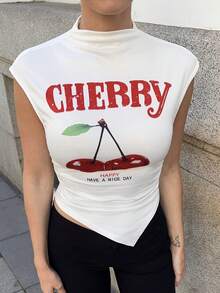 Marta Soriano Women's Casual Asymmetric Cherry Graphic T-Shirt, Suitable For Summer,Summer Outfits For Women,Graphic Tees Women,Gyaru,Sexy Suitable For Going Out - White - View 3