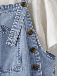 EMERY ROSE Mature Denim Bộ quần yếm denim dáng rộng, thoải mái, có túi cài nút dành cho nữ. - Rửa nhẹ - Xem 4