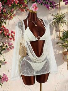 Amplova 4pcs Vacation Beach Bikini Set With Cover-Up - Apricot - View 2