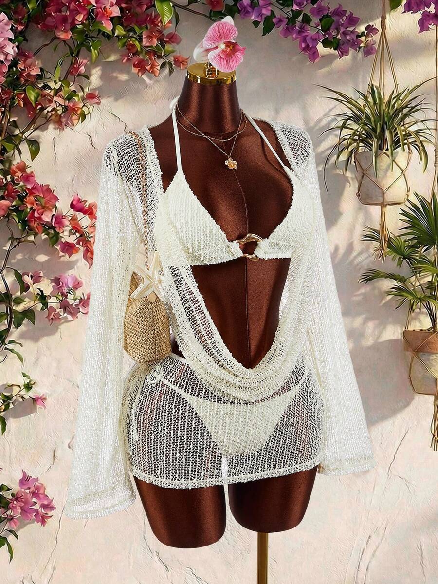 Amplova 4 piezas Conjunto de bikini y pareo para vacaciones en la playa - Albaricoque - Ver 1