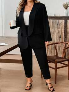 SHEIN CURVE+ Ensemble deux pièces grande taille pour femmes, veste de costume noire décontractée et ample, et leggings, tenue décontracté confortable pour l'automne et l'hiver, tenue de bureau décontracté, tenue d'automne, tenue de travail - Noir - Voir 8