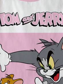 TOM & JERRY X SHEIN Young Girl Letter & Cartoon Print Color Block Round Neck Short Sleeve T-Shirt - White - View 4