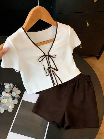 SHEIN PETITE Women's Short Casual New White Quilted Textured Contrast Trim Faux Linen Bamboo Knot Bow Tie V-Neck Short Sleeve Top + Deep Brown Textured Casual Shorts Commuter Versatile Loose Comfortable 2-Piece Set
