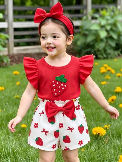 SHEIN Playful Pals Blusa de manga corta con bordado de fresa y shorts con estampado de fresa y flores para niñas, diseño dulce para uso casual y vacaciones