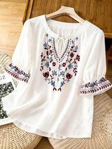 EMERY ROSE Elegant Plus Size White Shirt With Wrist Length Flounce Sleeves Boho Floral Embroidery And Notched Lace Up Design Fall - White - View 8