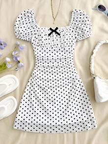 Đầm ngắn tay phồng ôm sát, cổ nơ, tay phồng, in họa tiết chấm bi trắng đen cho bé gái tuổi teen, thích hợp cho tiệc tùng, đi nghỉ mát, hoặc phong cách ven biển. - Đen và trắng - Xem 1