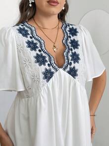 Enliva Plus-Size V-Neck Embroidered A-Line White Bohemian Style Dress, Casual And Versatile, Suitable For Round Body Types. - White - View 8