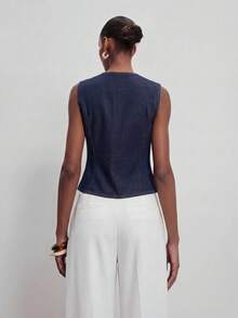 ATUI Studio Women's Casual Denim Top – Soft Cotton Tencel Jean Blouse With Button Down For Summer Beach & Vacation - Navy Blue - View 3