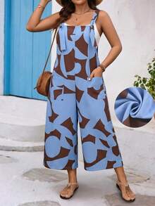 EMERY ROSE Plus Size Women Geometric Print Drawstring Pocket Decor Straight Leg Jumpsuit - Multicolor - View 1