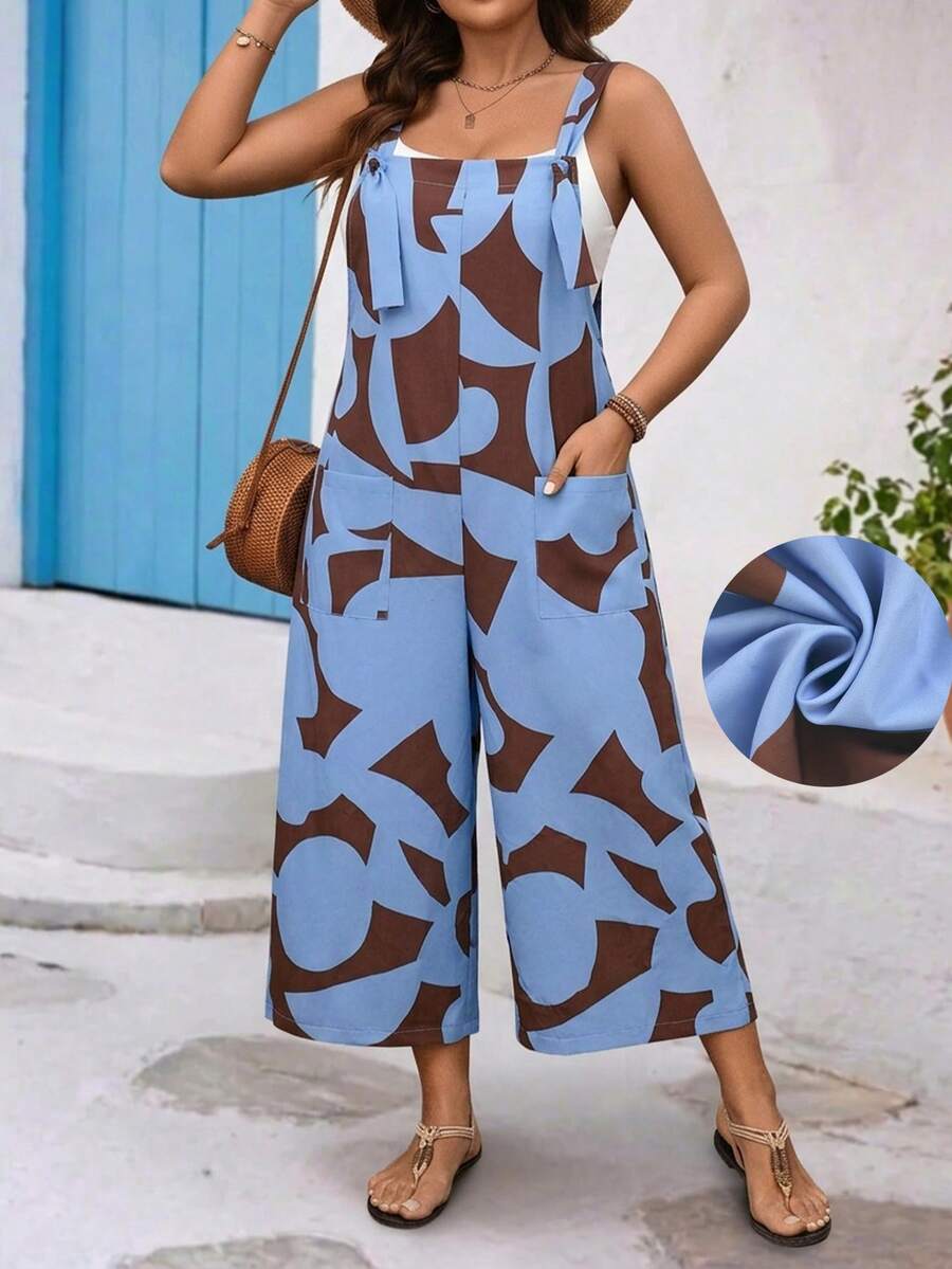 EMERY ROSE Plus Size Women Geometric Print Drawstring Pocket Decor Straight Leg Jumpsuit - Multicolor - View 1