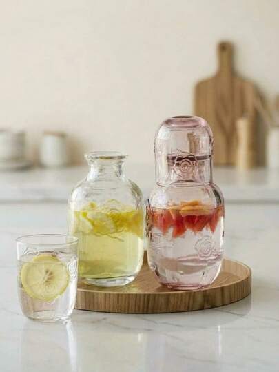 Cirelle French Retro Embossed Rose Flower Glass Kettle & Cup Set - Elegant "One Person Drink" Juice Jug