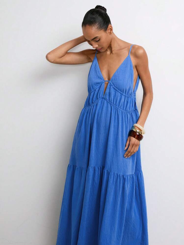 SHEIN Maija Women's Casual Vacation Style Solid Color Backless Tie-Front Long Dress, Summer