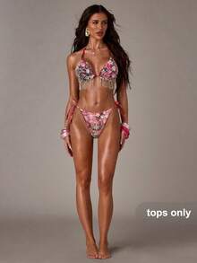 SHEIN BAE 1 pieza Parte superior de traje de baño de mujer con flecos con cuentas de cristal, para verano y vacaciones en la playa - Rojo - Ver 3