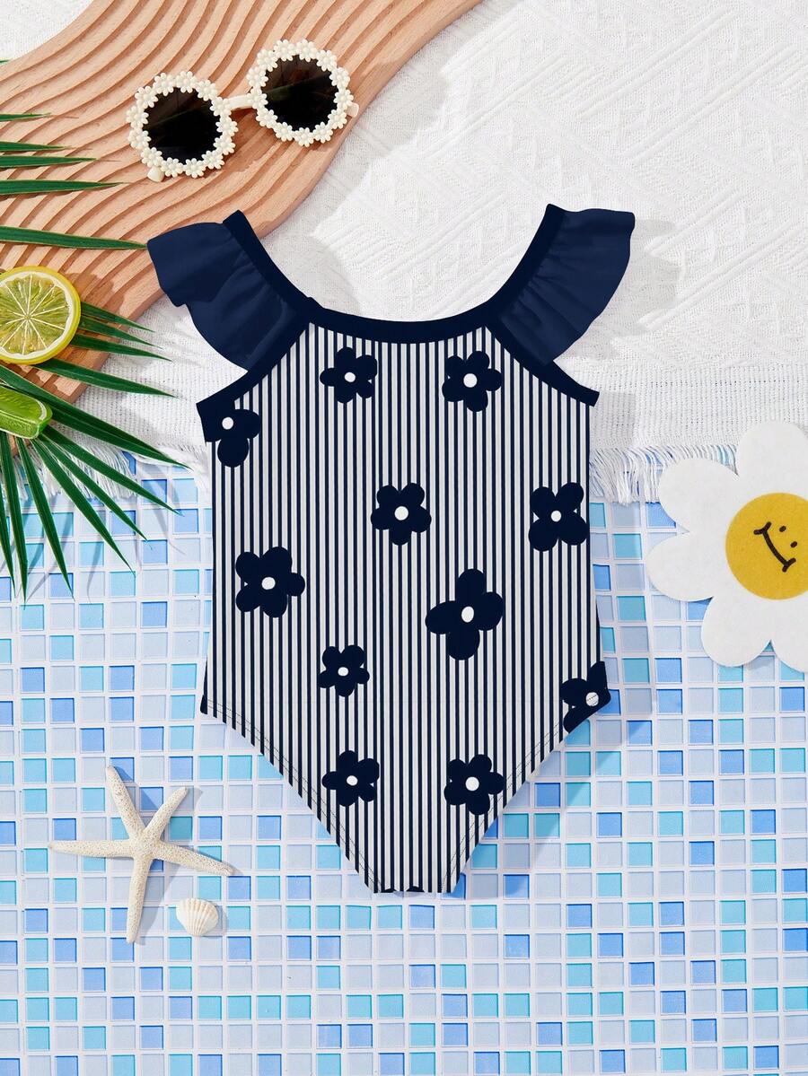 SHEIN Baby Girls' Casual Minimalist Fitted One-Piece Swimsuit, Suitable For Summer - Multicolor - View 1