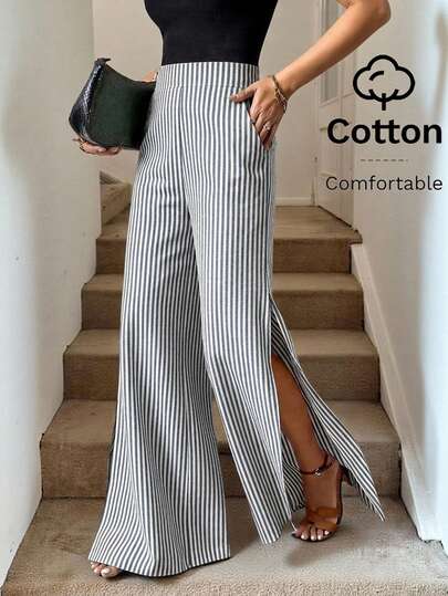Easowa 女士长款蓝白条纹棉质连衣裙，带口袋和侧开衩，适合春夏休闲、度假和通勤穿着。女士阔腿裤，棉质女装，长款休闲裤，条纹阔腿裤，侧开衩裤。