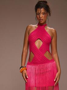 MUSERA 钩针编织交叉细节长流苏连衣裙少女春夏度假夜晚外出可爱场合金色沙滩 - 玫紅色 - 查看 2