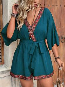 Ceyna Bộ jumpsuit cỡ lớn cổ chữ V tay lửng 3/4 viền ren thanh lịch phong cách retro bohemian dễ thương thắt nơ eo. - Màu xanh lam - Xem 4