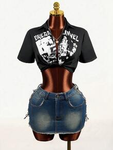 Mistrie 女士字母印花短袖露脐休闲衬衫 - 黑色 - 查看 4