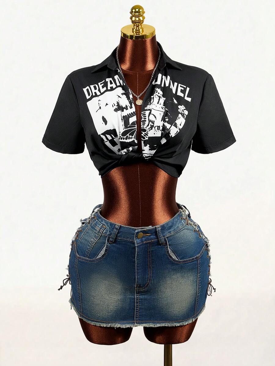 Mistrie Women's Letter Print Short Sleeve Cropped Casual Shirt - Black - View 1