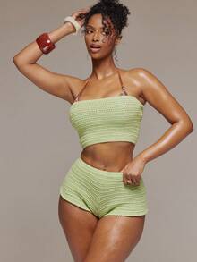 MUSERA 钩针编织修身无肩带露脐抹胸上衣，春夏伊比沙岛音乐节度假可爱性感Y2K夜店热带诱惑 - 綠色 - 查看 1