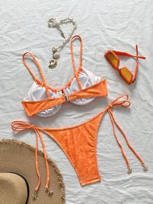 Swim Mod 2pcs/Set Spring Break Solid Color Spaghetti Strap Underwire Top And Side Knot Swim Shorts, Cute Women Summer Beach Bikini Set - Orange - View 3