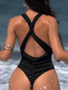 Swim SXY 1 bộ áo tắm tankini đen dáng sóng, hở lưng, thắt dây chéo, trang phục gợi cảm cho kỳ nghỉ biển của nữ, mùa xuân/hè. - màu đen - Xem 1