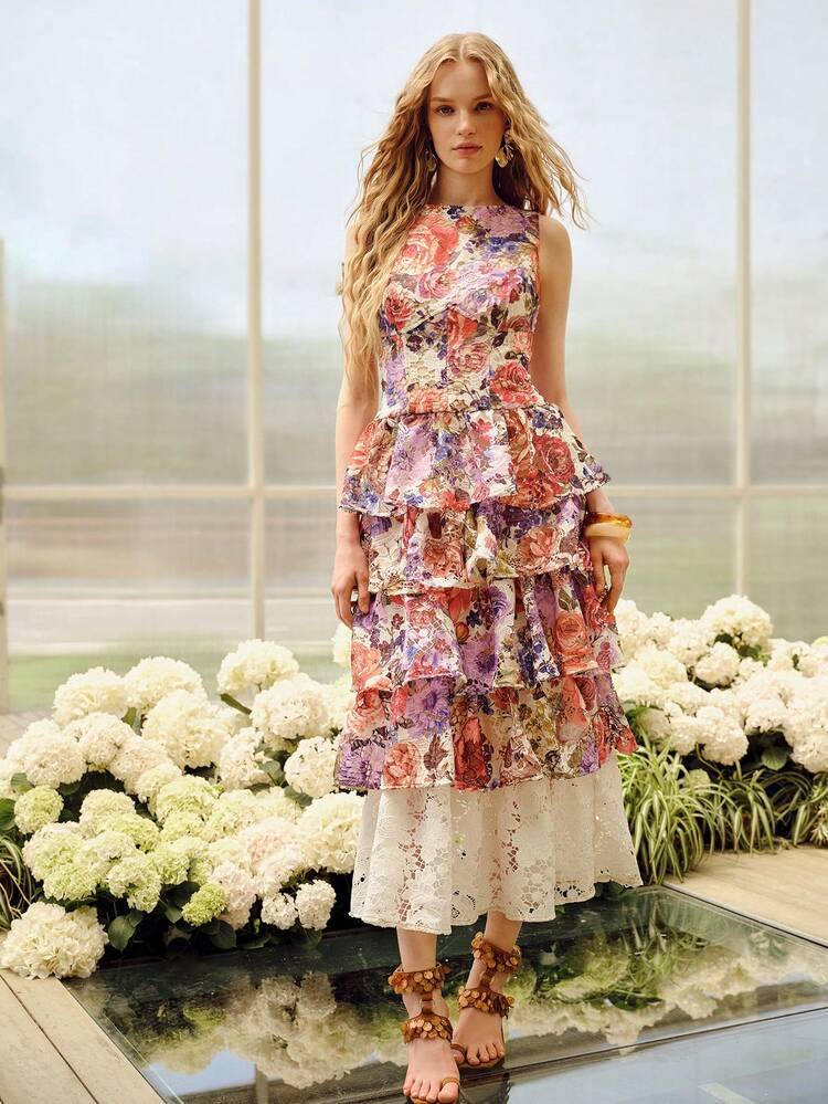WOMEN'S ROMANTIC FLORAL PRINT SLEEVELESS LAYERED LONG DRESS, SPRING/SUMMER