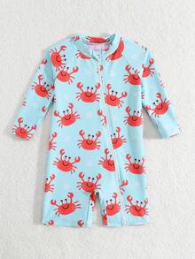 SHEIN 6-9 个月男婴长袖泳衣，可爱螃蟹卡通印花连体泳衣 - 彩色 - 查看 5