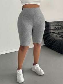 SHEIN PETITE CURVE Plus Size Women Casual Solid Color Leggings, Suitable For Summer - Light Grey - View 7
