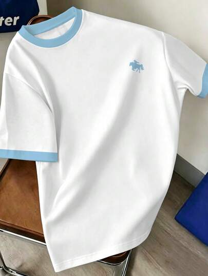 Manfinity Joysei Camiseta de manga corta con cuello negro y blanco clásica y versátil, camiseta de cuello redondo con diseño de logo de caballo de moda minimalista y casual